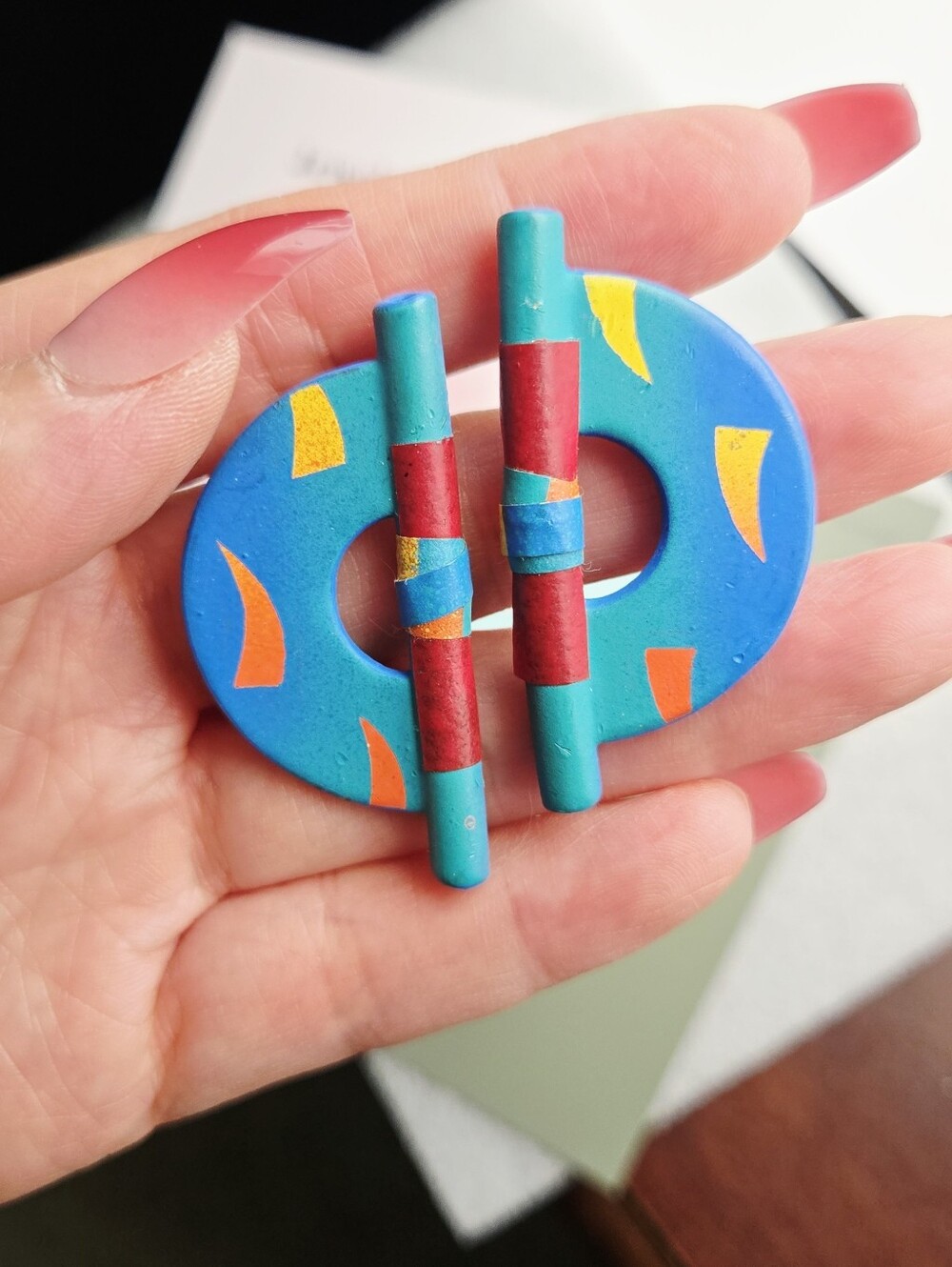 Vintage Art Deco Handmade Blue & Teal Abstract Hoop Earrings